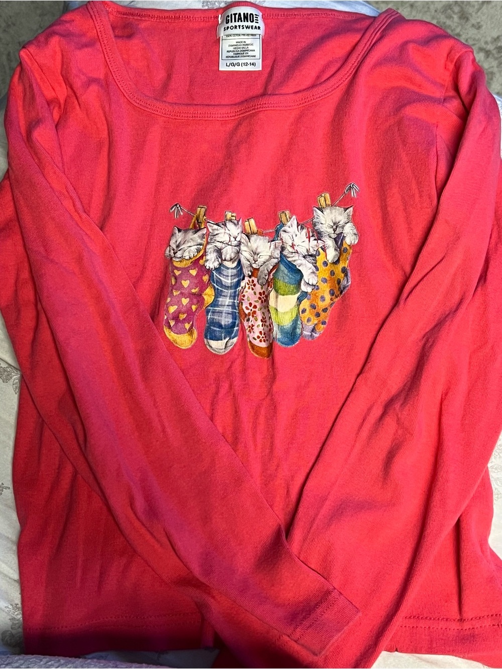 Gitano Hot Pink Long Sleeve Tee with Kitten Sock Illustration